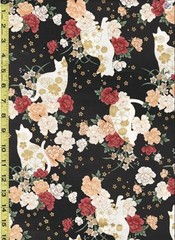 Quilt Gate – Cats, Peonies & Small Blossoms – HR3430-11F – Black- By Half Yard