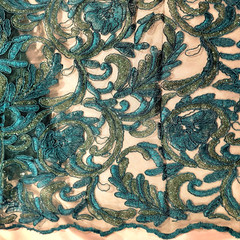 Richly Sequined, Corded, Embroidered Lace on Fine Tulle – Shades of Deep Green