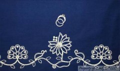 BonEful Fabric FQ Cotton Quilt Blue VTG Antique Embroidered Flower Border Trim L