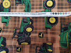 John Deere Traditional Tractors on Brown Plaid Cotton Fabric by the Yard