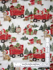 Christmas Puppies Fabric Red Wagon Dog Snow Susan Winget CP74409 Cotton By Yard