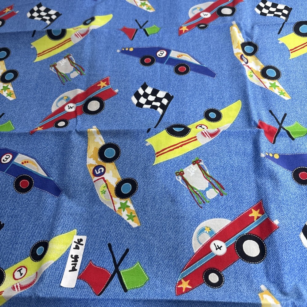Fabric 3/4 Yard Race Cars Checkered Flag Blue Jeans Background