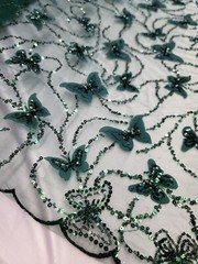Emerald Green Lace 3d Butterflies on Mesh Prom Fabric Sold by the Yard Gown Quin