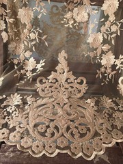 Teagan GOLD Damask Design Embroidered on Mesh Lace Fabric by the Yard – 10027