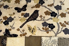 7.5 Yds PLUM BLOSSOMS Kathy Hall Birds Metallic Gold Cream black Asian Andover