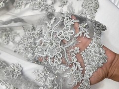 Silver Beaded Lace Fabric By The Yard 3d Floral Flowers Embroidery Sequins Prom