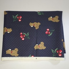 Vtg Cranston Print Works Teddy Bears Cherries Navy Polka Dot Fabric 58×73 2 Yds