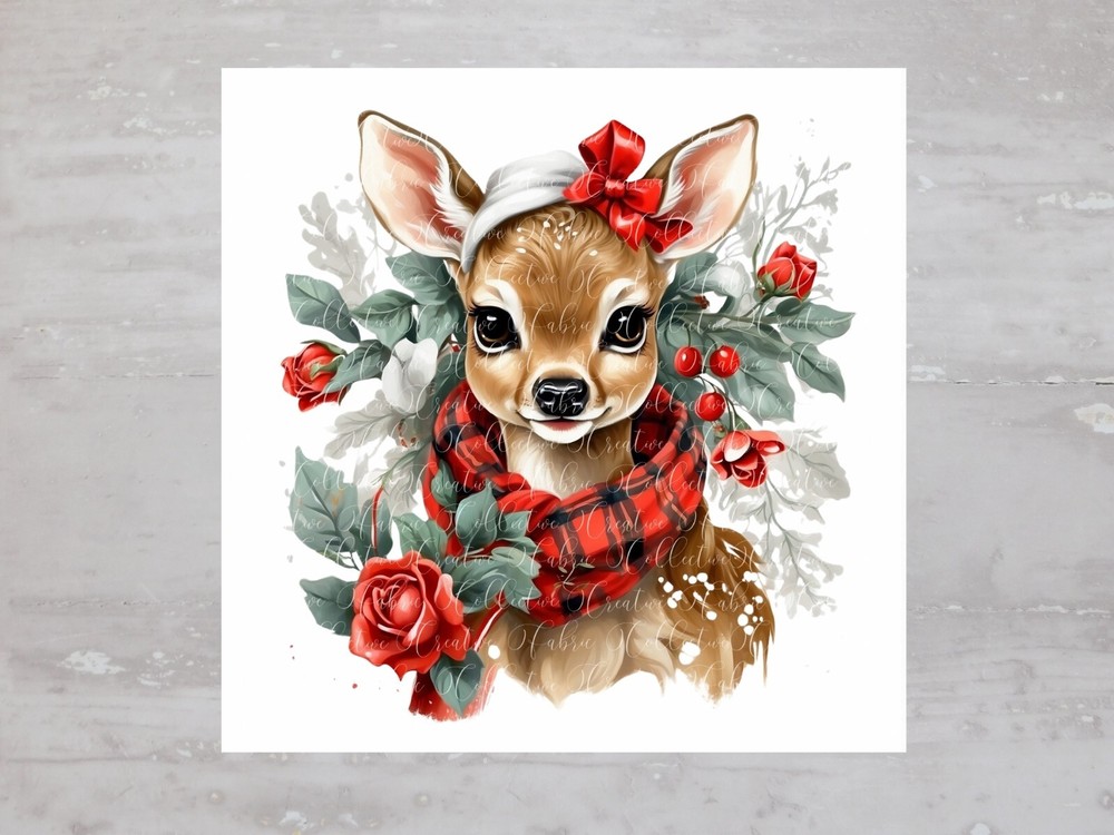 Christmas Holiday Red Scarf Deer Fawn Fabric Panel Craft Sewing Quilt Block A309