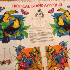 VTG COTTON FABRIC PANEL vip TROPICAL ISLAND APPLIQUES parrots fish QUILT CRAFT