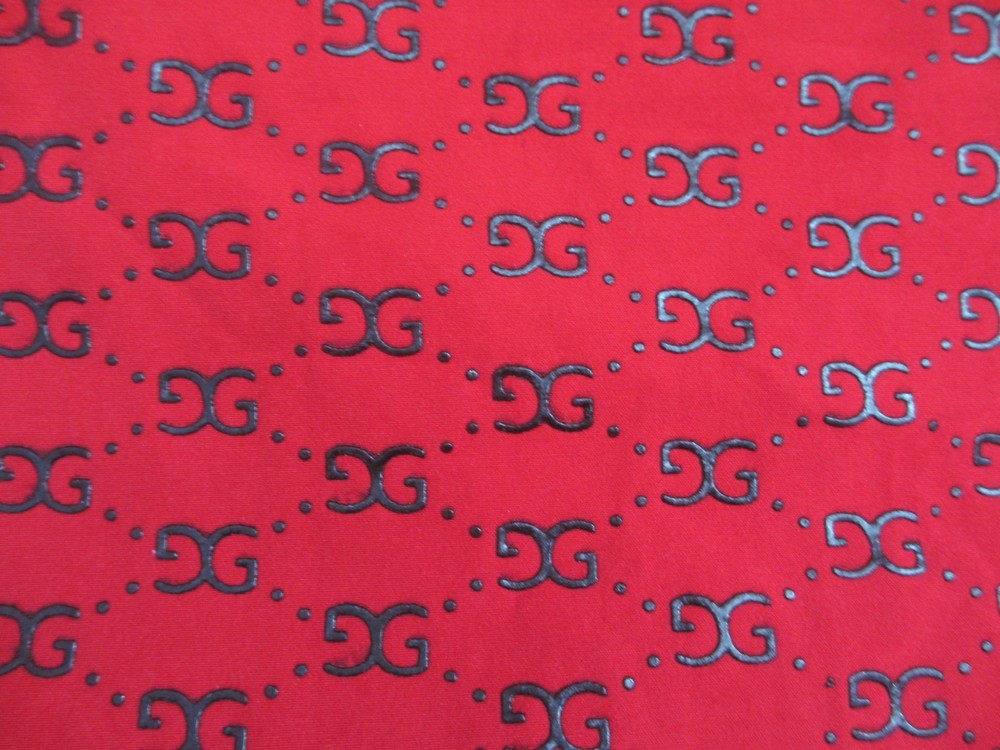 Red Polyester One Way Stretch Fabric GG Black Puff Paint 3D Design 68 Inches