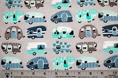 BTY*FACE MASKS*TINY CAMPERS/TRAILERS ON LT GREY 100% COTTON FLANNEL FABRIC 42X36