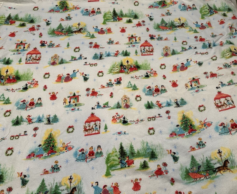 Christmas Fabric 8 Yards Snowmen Skiers Angels White Cotton Flannel Vintage