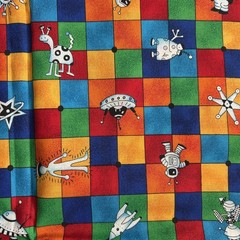 Cranston Print Works Co Bright Colored Checks Robots Astronaughts Space 2 Yards