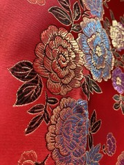 Asian Purple Blue Green Flowers on Red Jacquard Satin Fabric 19″ x 47″ Width