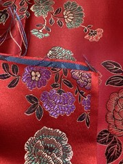 Asian Purple Blue Green Flowers on Red Jacquard Satin Fabric 19″ x 47″ Width