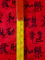 Asian theme Chinese words symbols red black cotton fabric Love, Hope, Lucky 1yd+