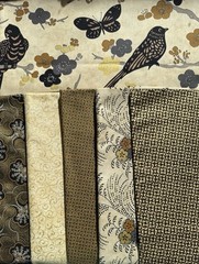 7.5 Yds PLUM BLOSSOMS Kathy Hall Birds Metallic Gold Cream black Asian Andover