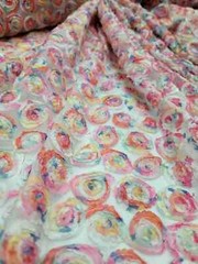 “White Mesh Fabric with Multicolor Floral Embroidery and Pastel Confetti: Sold b