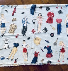 Vintage Flannel Fabric PAPER DOLL 1950-60’s Record Player Phone Bathing 43″x 35″