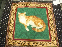 (4) BEAUTIFUL 15-1/2″ X 15-3/4″ SQUARES OF CAT IMAGES W/ GREEN OR RED BACKGROUND