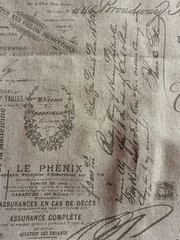 French Country Theme Fabric 36 In x 29 In Tan with Gray Writing Upholstery New