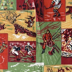 Vintage 1940s Adventure Sports & Western Print Cheater Quilt Fabric – 2 Remnants
