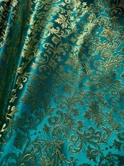 Emerald Green & Gold Leaves Damask – Faux Silk Brocade Jacquard Fabric