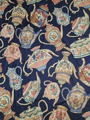 VTG HTF Cranston Print Works Fabric Teapots On Navy Blue Cotton 3 Yards X 44″ A