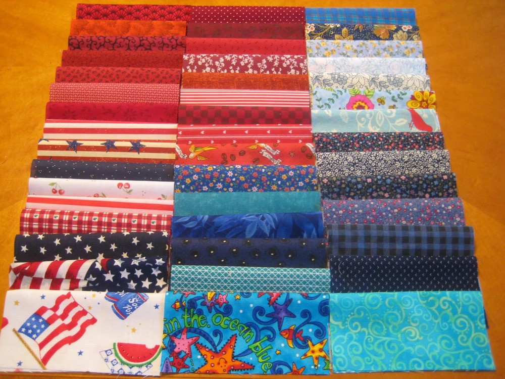 45 squares 6 x 6 quilter vintage fabric cotton red blue prints bundle lot