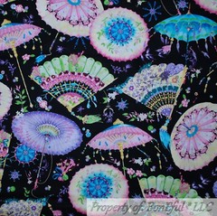 BonEful FABRIC Cotton Quilt Black Pink Blue Rainbow Chinese Fan Asian Girl Print