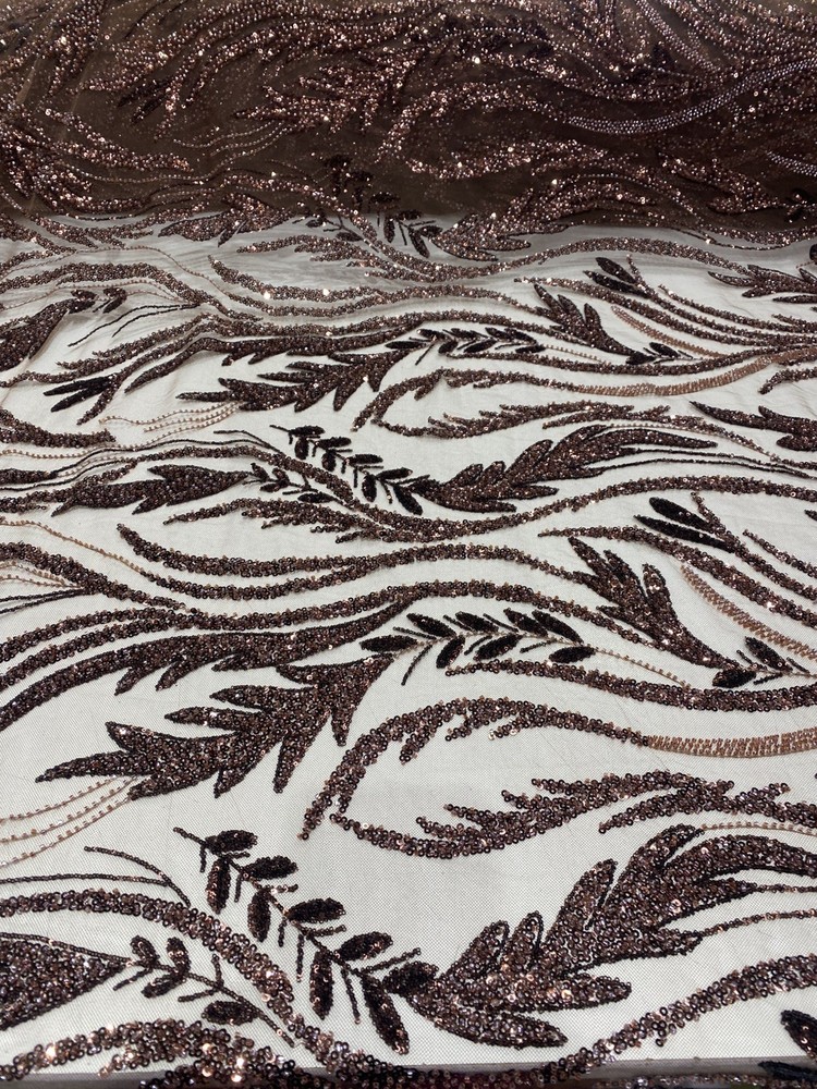 Brown Beaded Leaf Vine Lace Fabric – Luxury Glitter Tulle Embroidery Couture