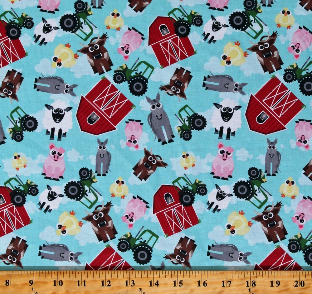 Cotton Farm Animals Tractors Barns The Barnyard Fabric Print by the Yard D362.48
