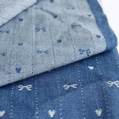 2 Yard Pre Cut Washed Denim Fabric Sky Blue 10oz Jacquard Bow Heart 70 Inch