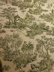Vtg Mill Creek Fabrics Zepel Green & Cream Toile French Country Off White 3+ Yds