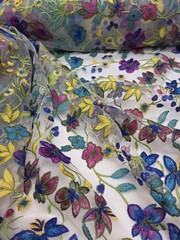 Purple Yellow Blue Floral Embroidery Lace Fabric Sold By The Yard Clear Mesh