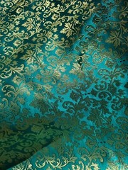 Emerald Green & Gold Leaves Damask – Faux Silk Brocade Jacquard Fabric