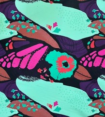 African Stretch Cotton Satin Fabric- Turquoise, Magenta “Sweet Thistle”, Yard