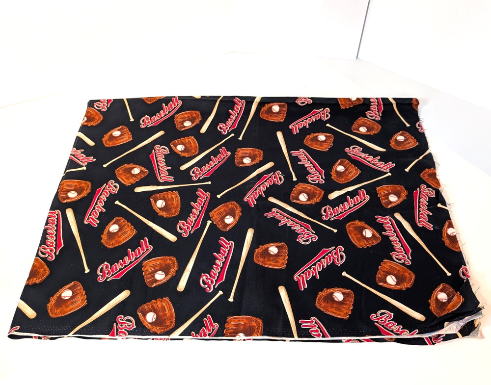 Baseball Fabric Remnant, 1.52 Yards x 44″, Colorful Sports, Black Cotton Shamash