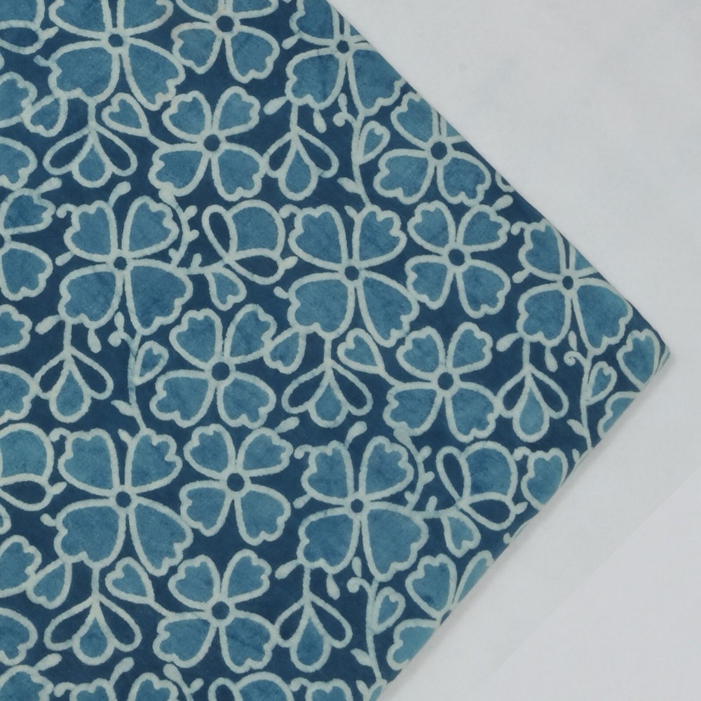 5 Yard Hand Block Flower Print Fabric Cotton Indian Natural Blue Sanganeri Print