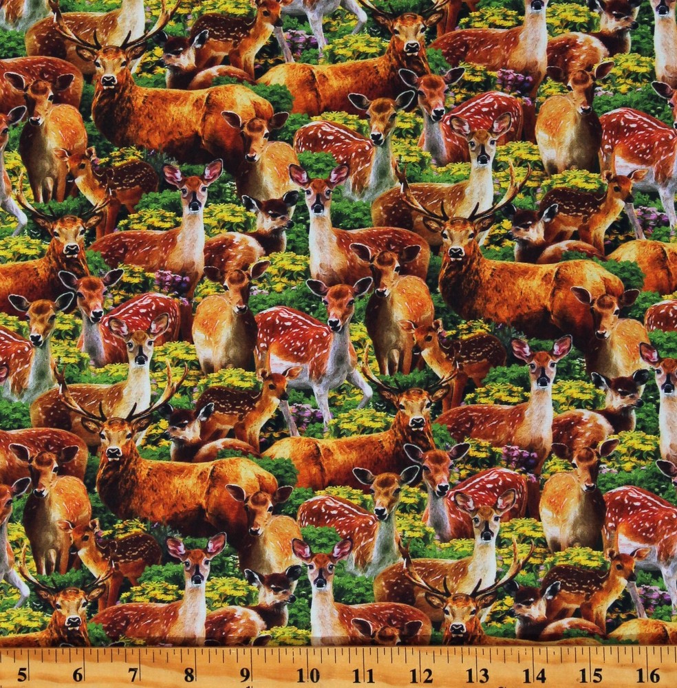 Cotton Deer Fawns Animals Woodland Multicolor Fabric Print by Yard D487.85
