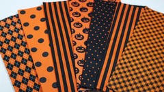VTG Primitive Halloween Black Orange Pumpkin Dot Stripe Quilt Fabric Scrap Lot