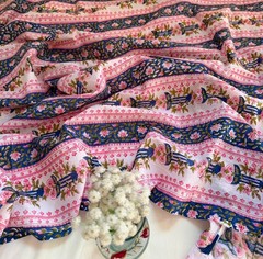 Blue Pink Floral Hand Block Print Cotton Fabric Indian Sewing Fabric by Yard