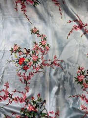 Cherry Blossoms & Birds on Sky Blue Printed 100% Silk Twill Fabric