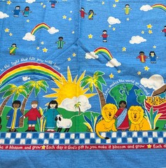 Noah’s Ark Fabric – Christian Kids Print with Rainbows & Bible Verse 1/2 YD