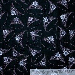 BonEful FABRIC FQ Cotton Quilt Black Pink Diva Girl Flower CROWN Silver Metallic