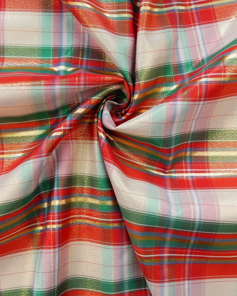 WHITE RED MULTICOLOR METALLIC PLAID TAFFETA FABRIC (60 in.) Sold By The Yard