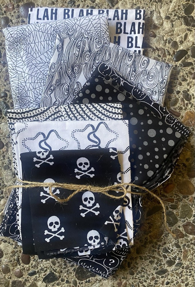 Lot Of 4 Black & White Fabrics Plus 5 FQ – 3 1/2 Yards-Skull Spider Webs
