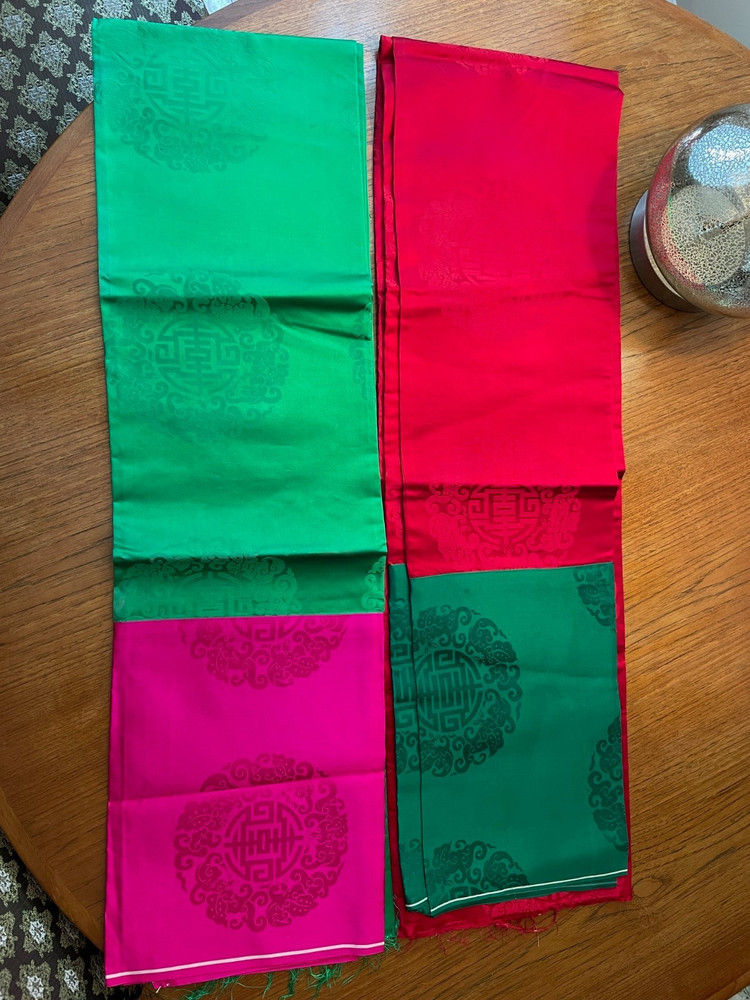 2 Pcs Korean Trad: Double-Sided Silk? Fabric 76″x58 each, Red/Green/Fuchsia New