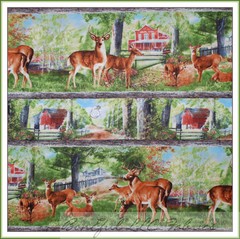 BonEful Fabric FQ Cotton Quilt VTG DEER Stripe Border Red Barn Farm Scenic Cabin