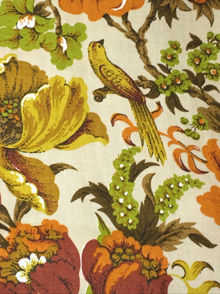 Birds Flowers Avocado Golden on Tan VTG Cotton Canvas House n Home Fabrics 1.75Y